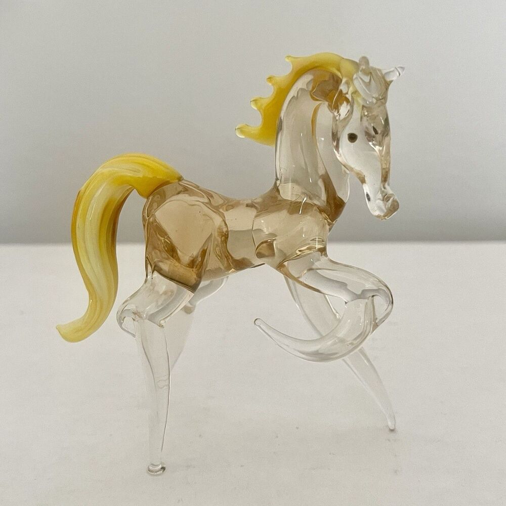 Vintage Hand Blown Art Glass Horse Figurine Yellow Mane 4” Sculpture